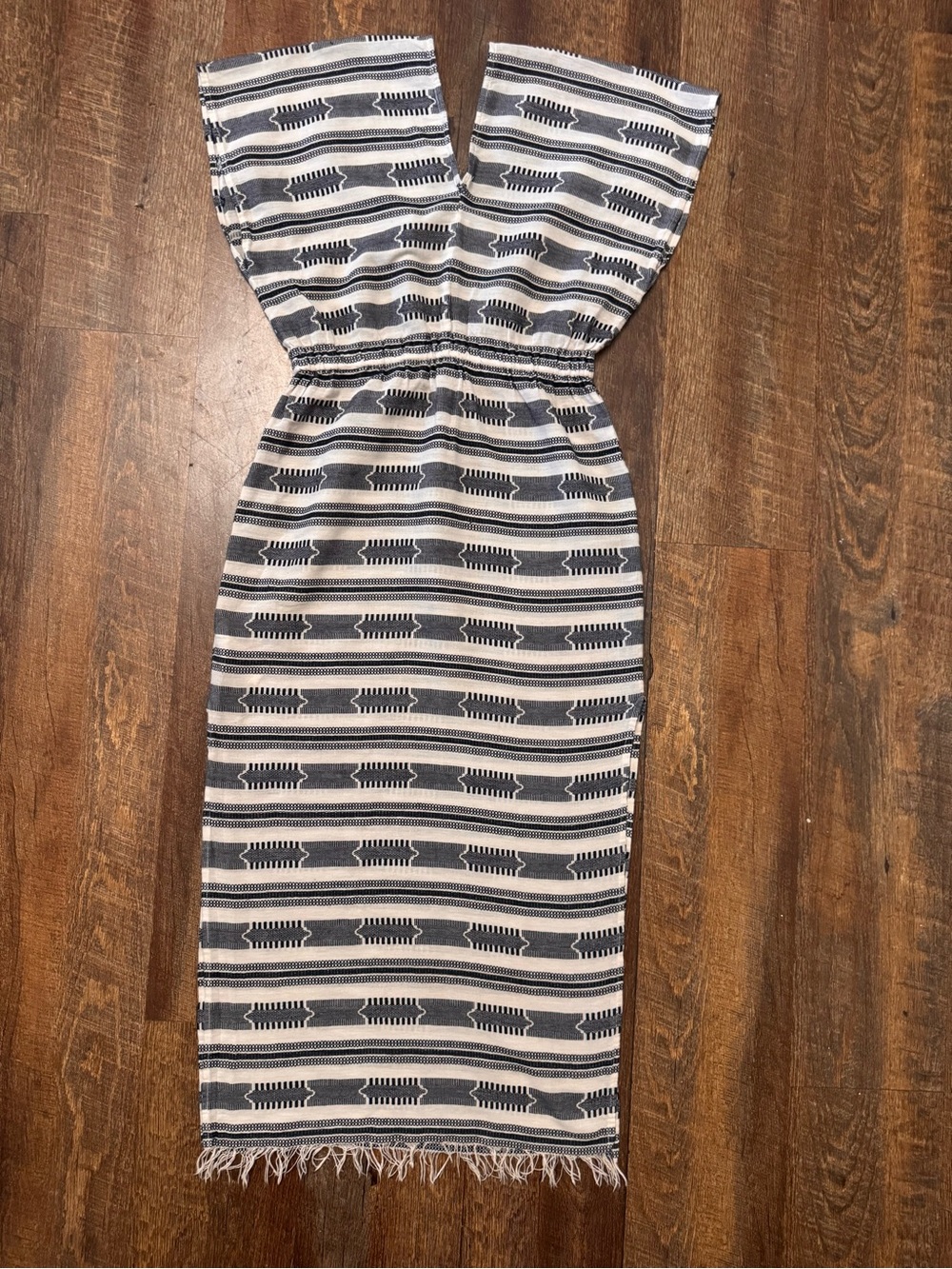 Michael Kors XS Black Ivory Geometric Fringe Hem Midi Dress Boho Cotton - Picture 10 of 11